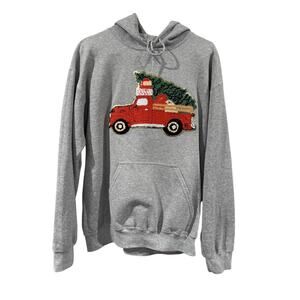 Christmas Red Truck Patch Hoodie Sweatshirt Medium